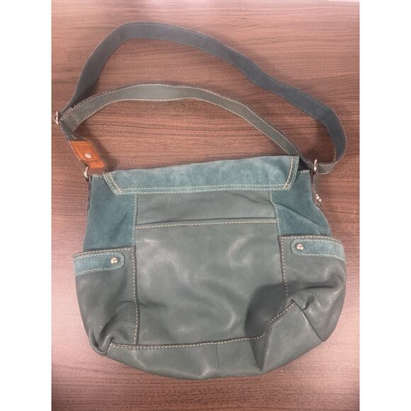 Fossil Green Leather & Orange suede crossbody bag. VTG boho fossil flap bag - Picture 2 of 14